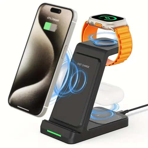 3 in 1 15w fast charging station with wireless pad compatible with iphone 16 15 14 11 x 8 pro max pro iwatch ultra10 6 5 se for business gifts and birthdays charging station modern charging station durable charging pad wireless charging station
