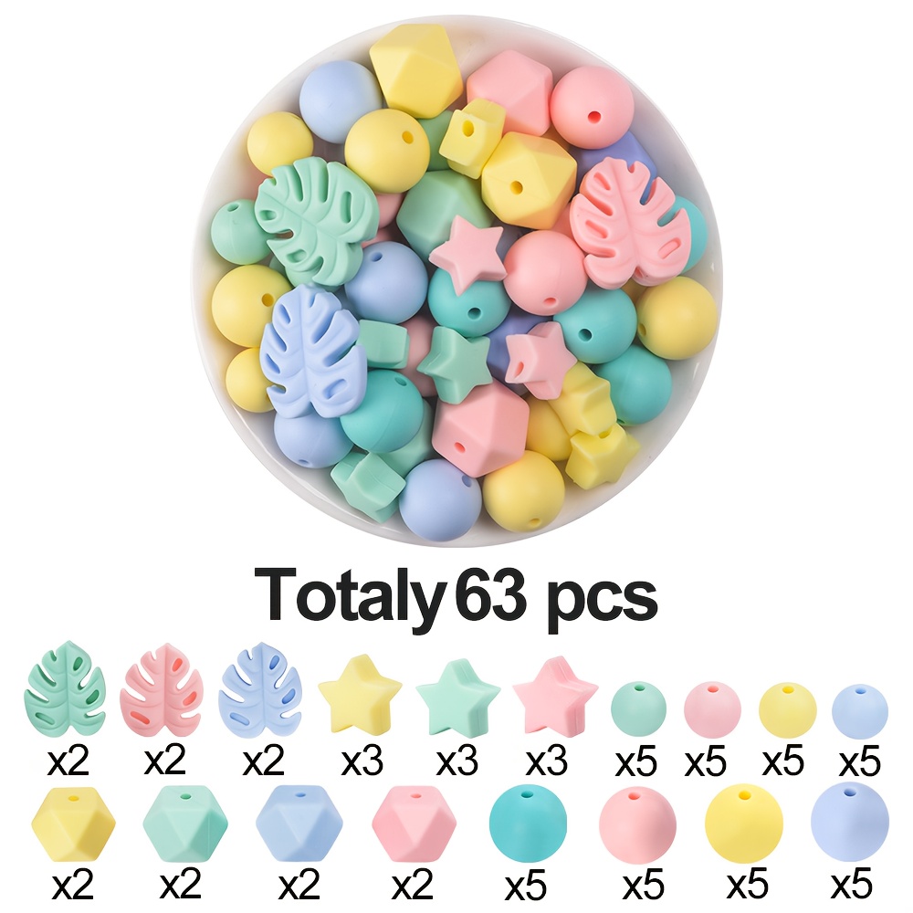 TEMU Kit de 63 perles de silicone vibrantes aux couleurs mélangées aléatoirement - Étoile, feuille de Monstera, cercle et perles d'espacement focales