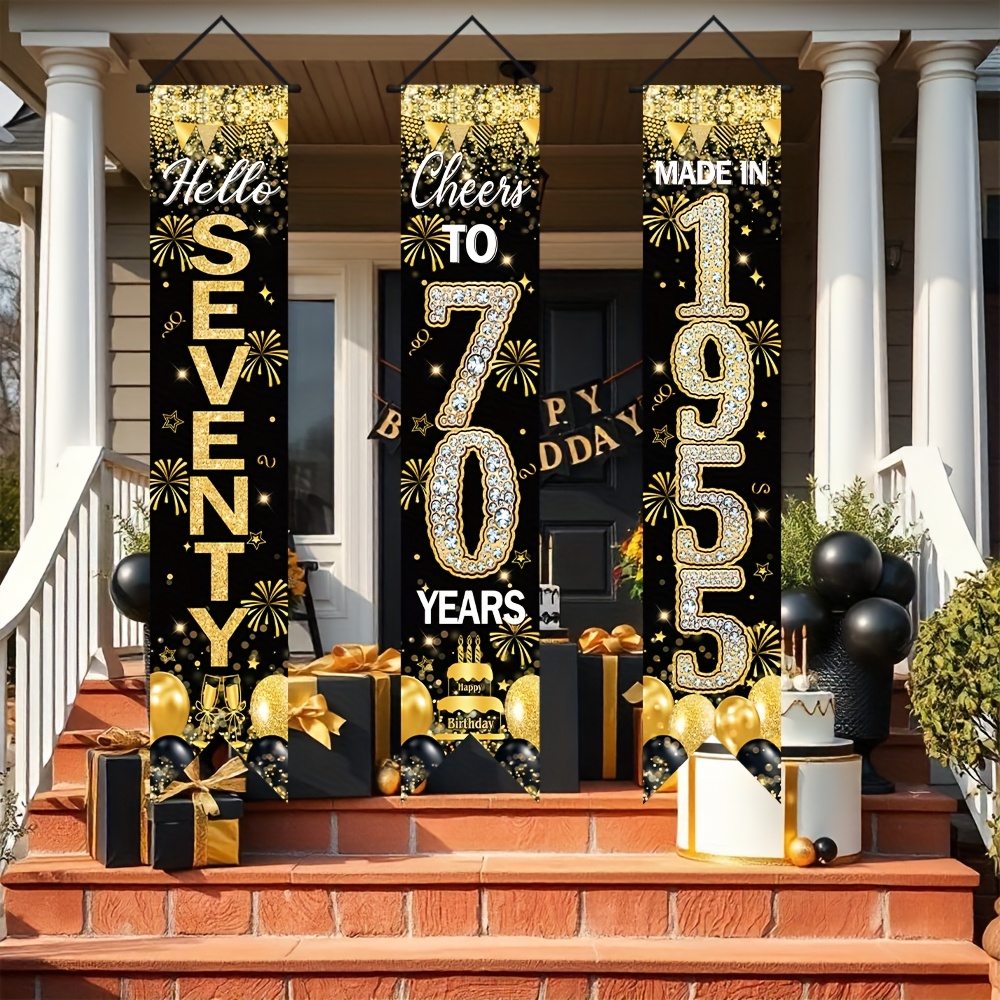 

Set Of 3, Happy 70th Birthday Porch Sign Banner, Black And Golden Theme Party Banner, Polyester, Hanging Decorations For Home Wall Living Room, Yard, Garage Decor Supplies