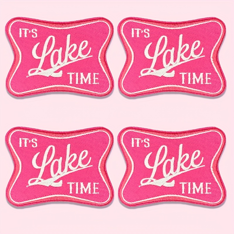 

4-pack " Lake Time" Pink Embroidered Applique Patches, Knitted Fabric, , Iron-on/sew-on, Diy Decor For Clothing, Jeans, Hats, Backpacks - Machine Washable