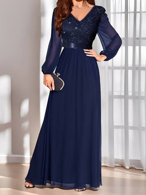 womens formal evening gown chiffon long sleeve sequin lace elegant evening dress wedding bridesmaid dress