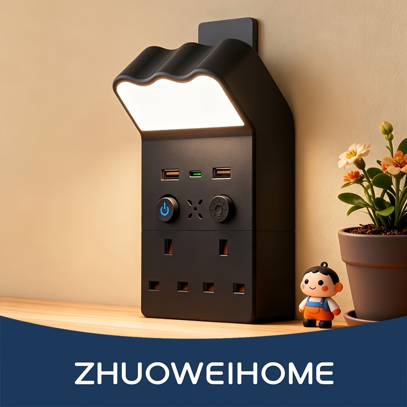 TEMU Uk Plug Socket Extender With 3-color Dimmable Night Light, 2 Ac Outlets, 2 Usb-a & 1 Type-c Ports, Wall Mount Charger With Phone Stand & Switch