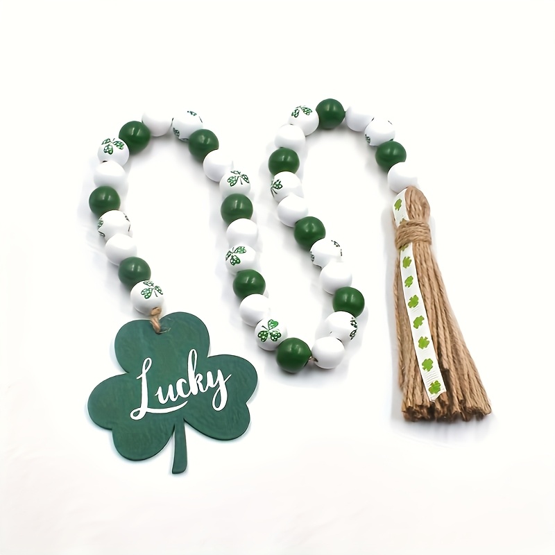 

1pc 's Day Wooden Beaded Garland With Shamrock Tag And Tassel, Table Decor, No Electricity Or Battery Needed