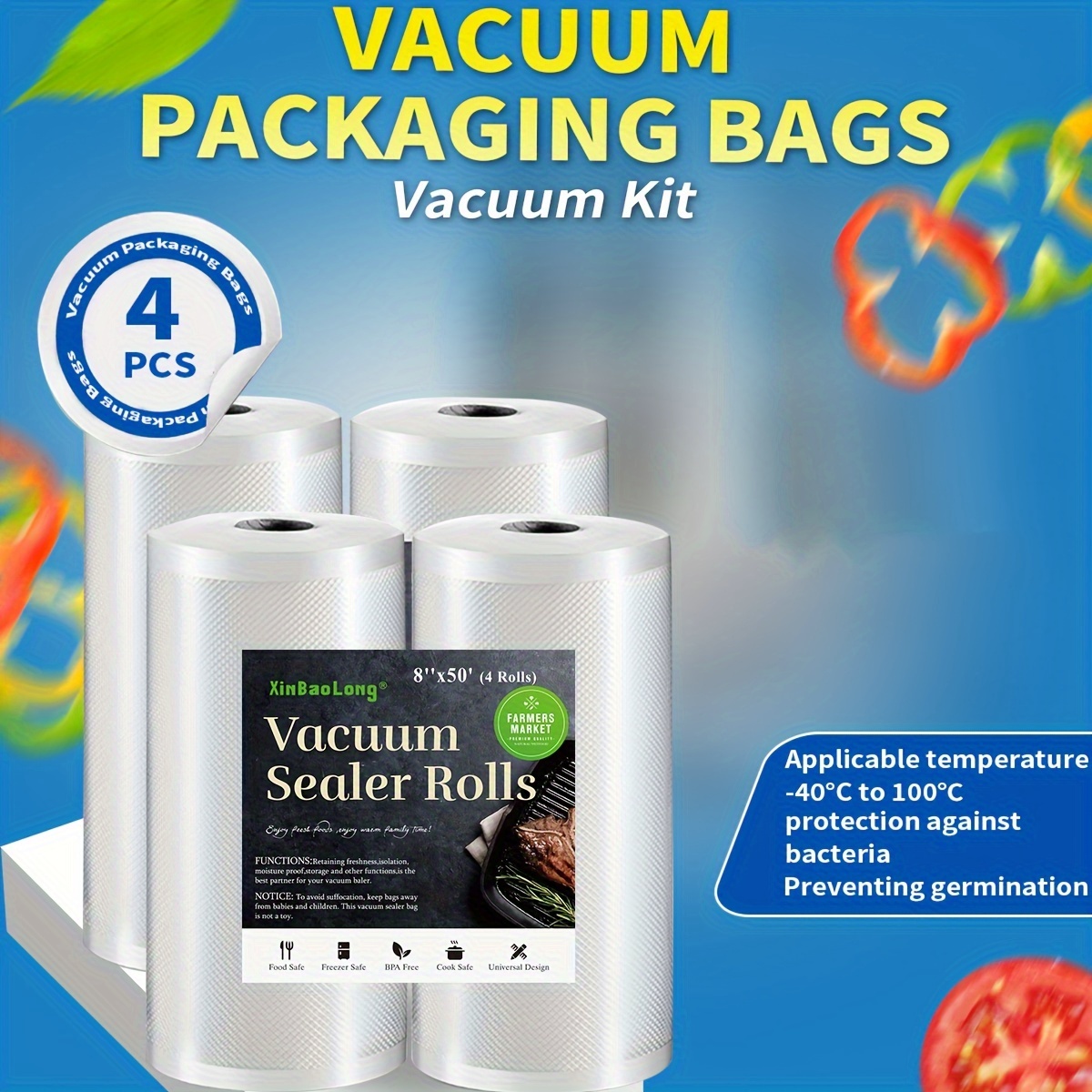 

4pcs Food Vacuum Sealed Bag Rolls, Free Of Bisphenol A, Diamond Patterned Vacuum Film Bags, Vacuum Preservation Bags, Patterned Film Food Packaging Bags