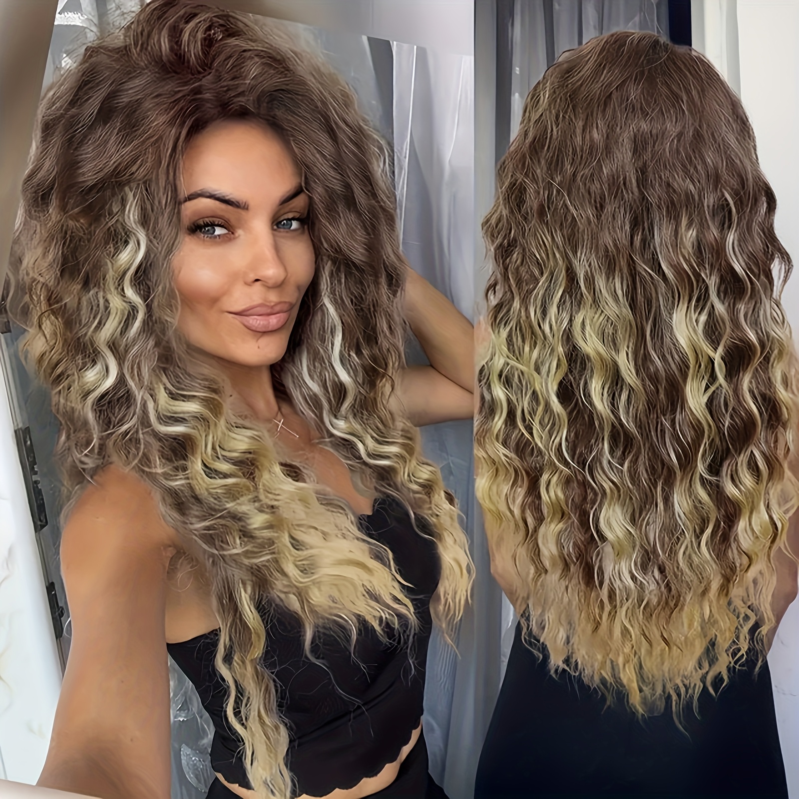 Image of Ombre Ash Blonde Brown Curly Wig Long Wavy Middle Part Natural Looking Dark Synthetic Wigs For Women 80s Halloween Carnival Party Wig Costume Party Or Daily Use 28 Inches