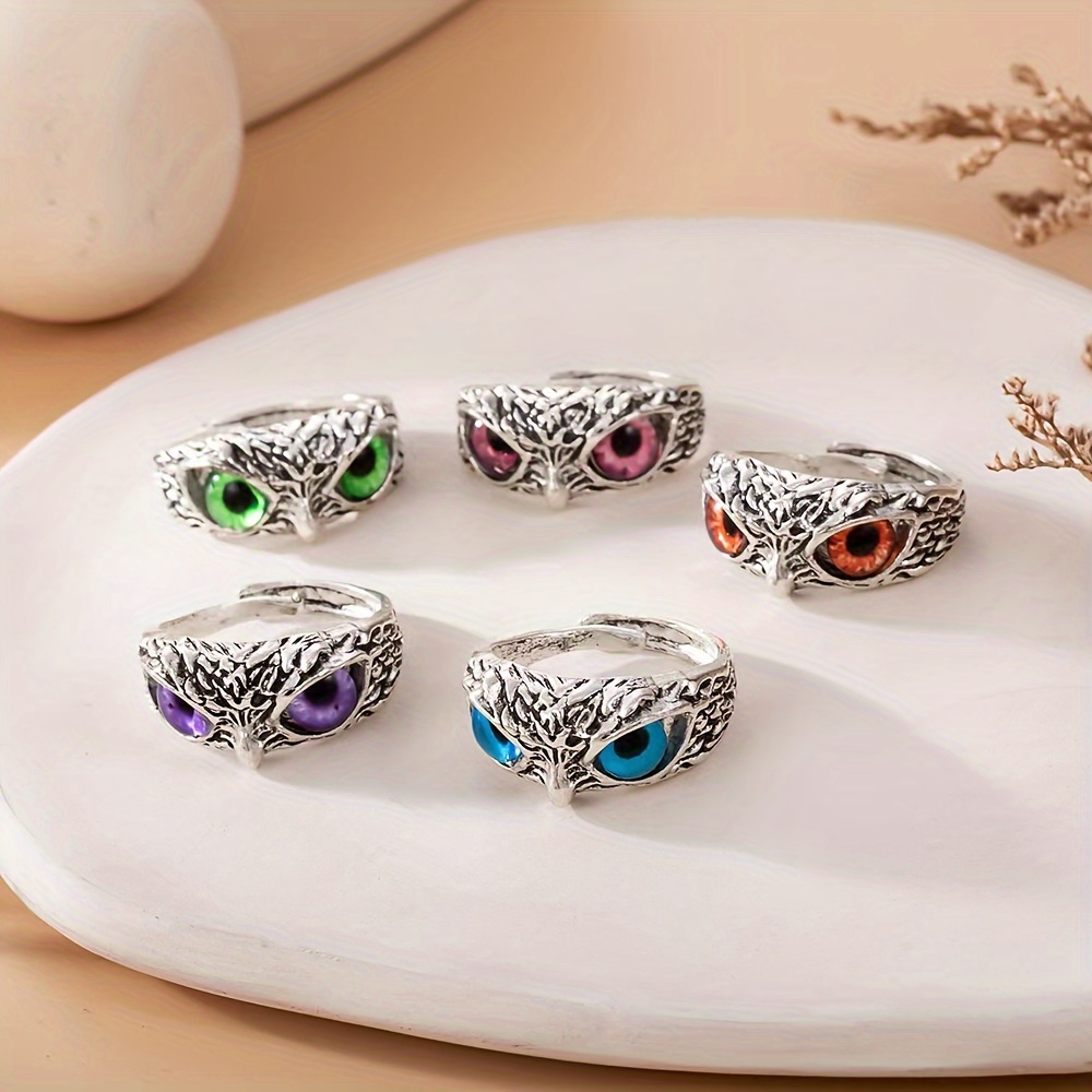 

5pc Owl Shaped Rings Set, Adjustable, Hip-hop Punk Style, Colorful Eyes Detail, Fashion Jewelry Accessory For Men And Women