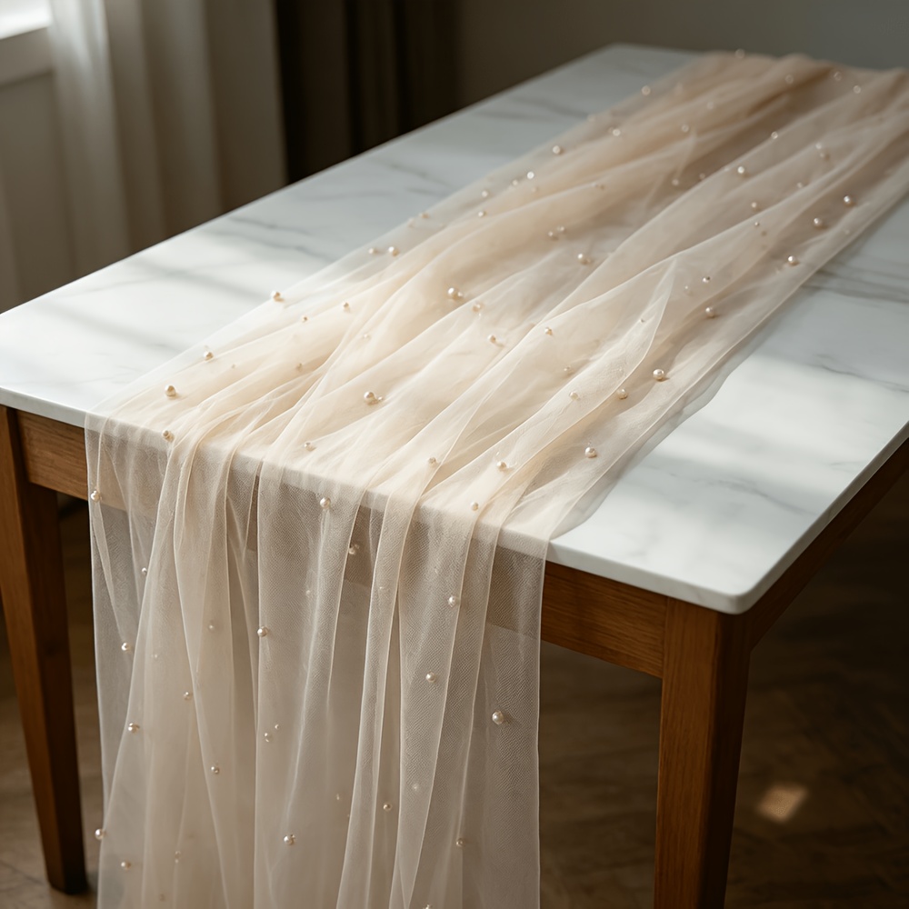 TEMU ., 5 Yards langer, champagnerfarbener Perlen-Tüll-Basteldruckstoff, geeignet für Abendtischdecke, Auto-Hochzeitsfotobackground, Bühnenschürze,