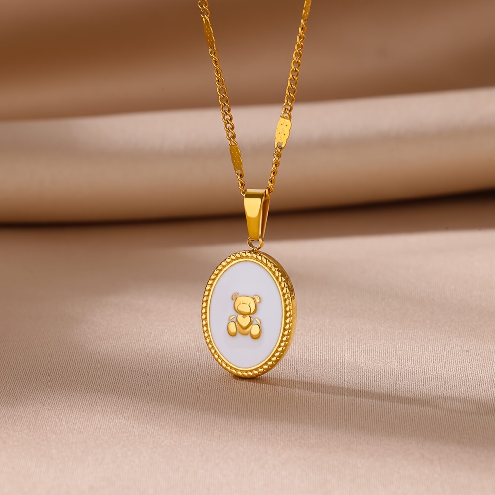 TEMU 1pc A Stylish Bohemian-inspired Golden Stainless Steel Necklace Featuring A White Oil Teddy Bear Oval Shape, Ideal For Everyday Use And Special
