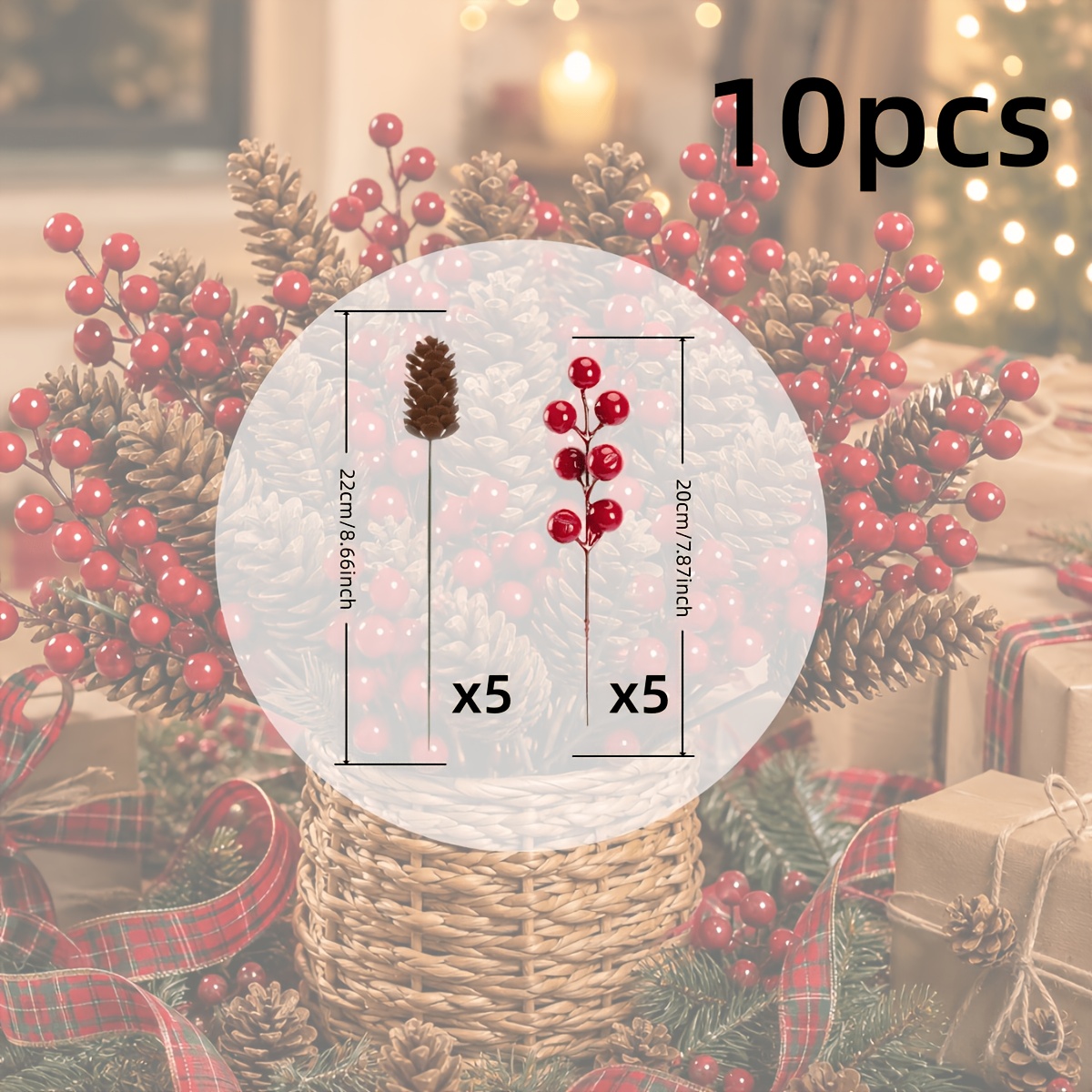 TEMU 10pcs Artificial Pine Branches, Pinecones And Red Berries Decorations | Realistic Plastic Twigs For Christmas Tree Decor | Winter Wedding And