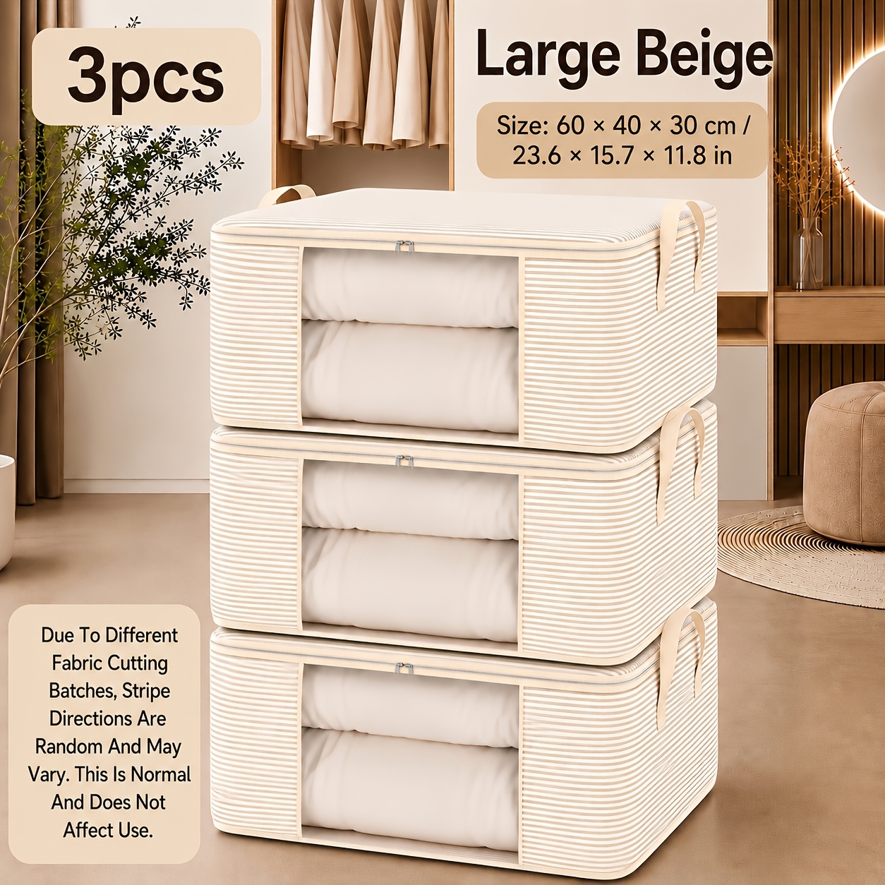 TEMU 3pcs Sac de Rangement Extra Large pour Couette et Vêtements, Organisateur de Placard Rayé Amélioré avec Fenêtre Transparente et Poignées