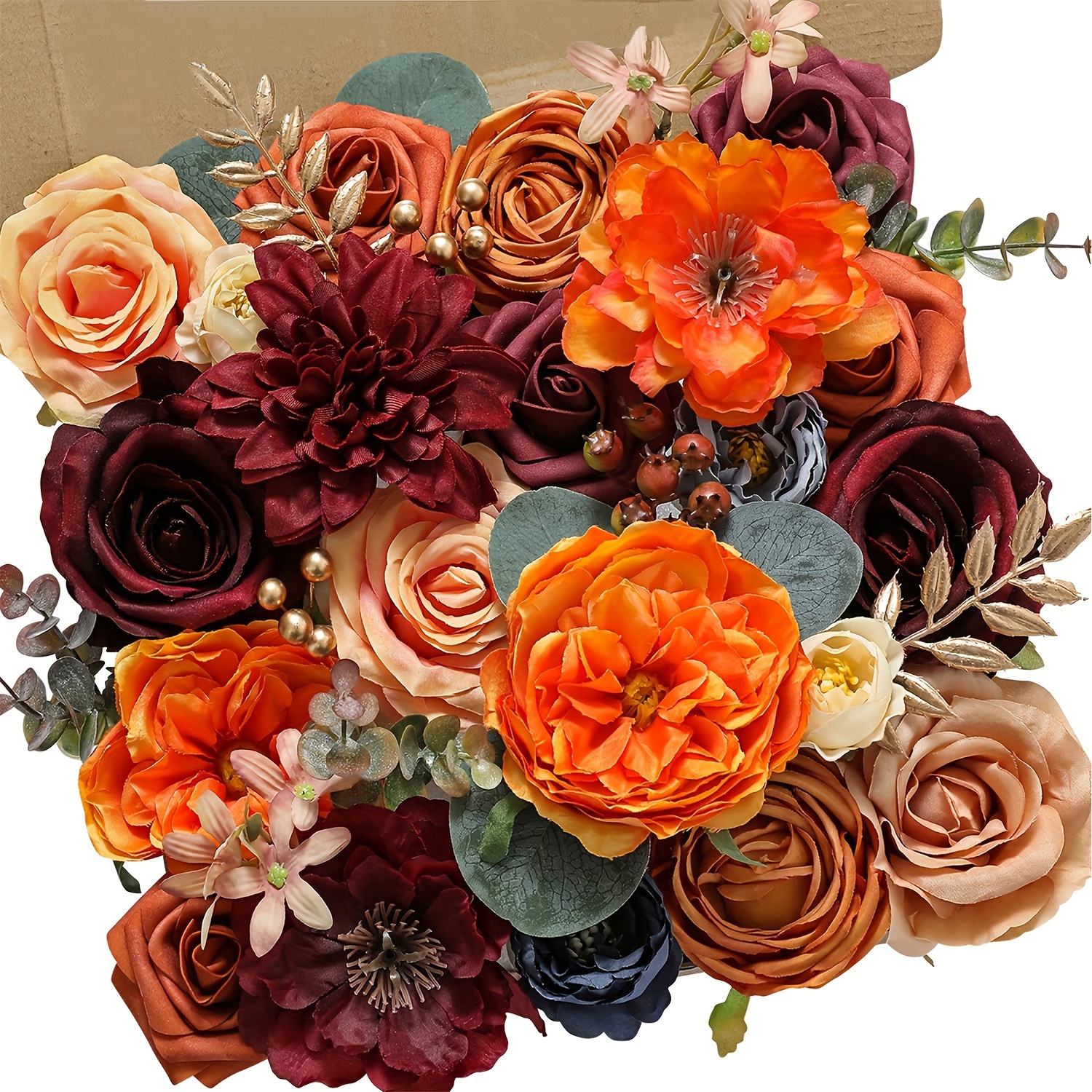 

Vibrant Fall Wedding & Engagement Decor - Orange, Burgundy & Blue Artificial Flowers Combo For Home Parties, Silk Foam Cake Flowers Included