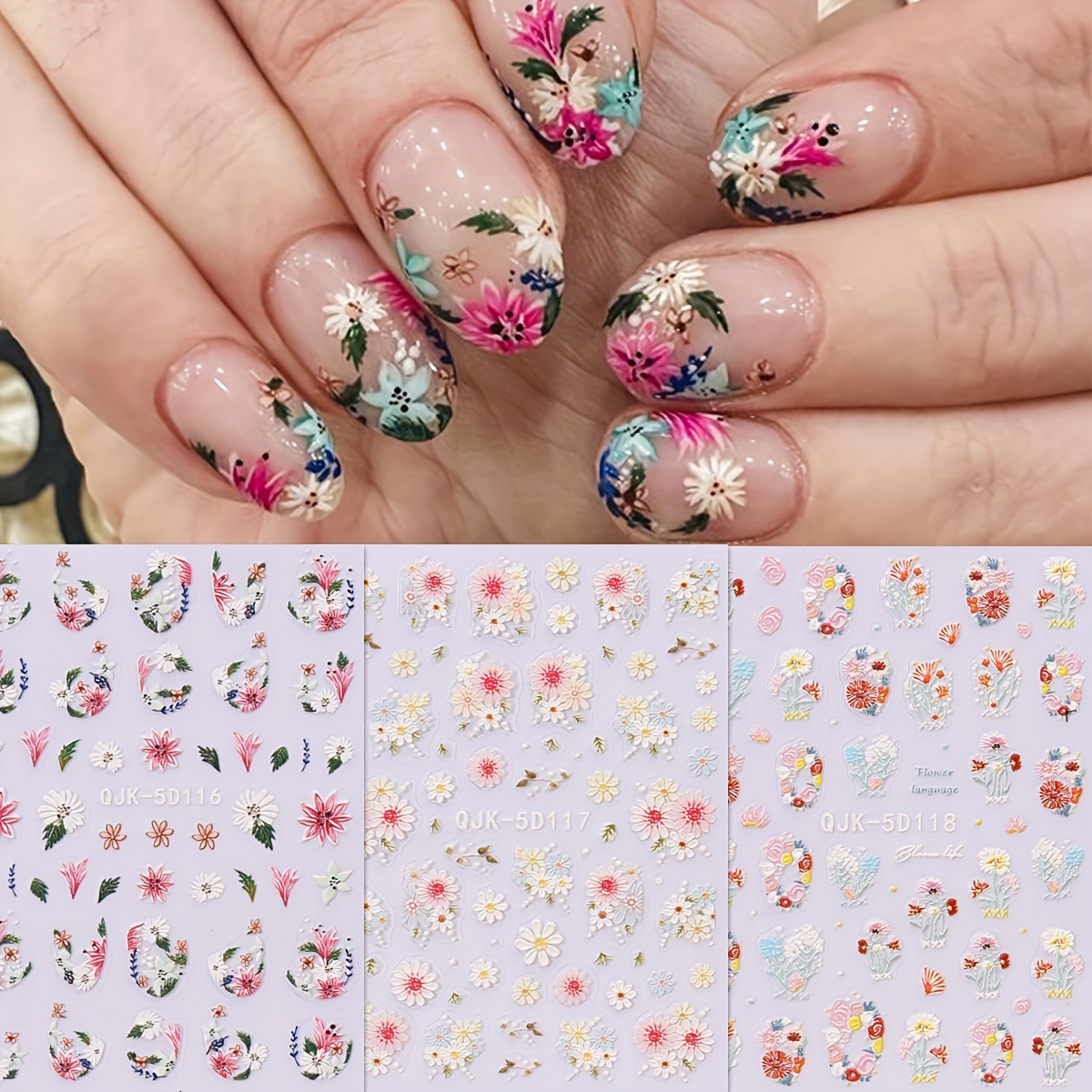 

3-pack Spring & Summer Floral 5d Embossed French Nail Art Stickers - Self-adhesive, Sparkle Finish Decals For Hands, Feet & Nails Nail Stickers Nail Accessories