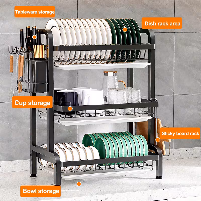 3 tier dish drainer 52cm dish drying rack with removable drip tray with cutlery holder chopping board rack kitchen organizer and storage rust proof large metal kitchen plate drainer black details 1