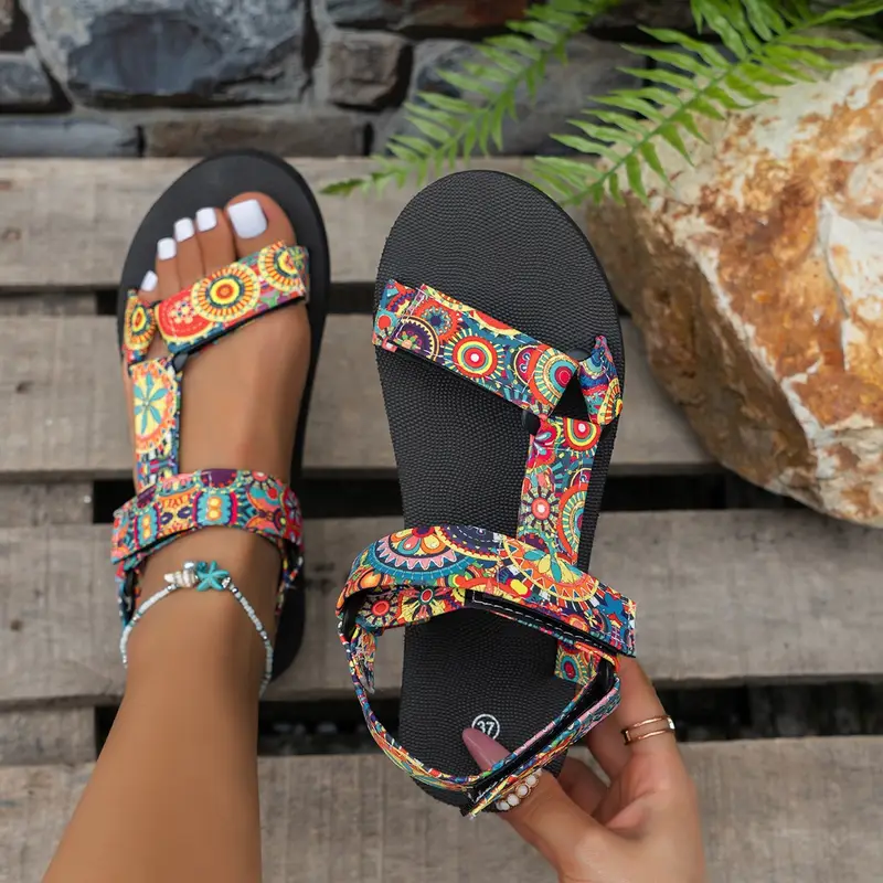 womens bohemian style lightweight flat sandals with adjustable straps breathable linen fabric non slip rubber sole floral print summer casual travel essentials thin strap design comfy round toe shoes vacation shoes Product details 0