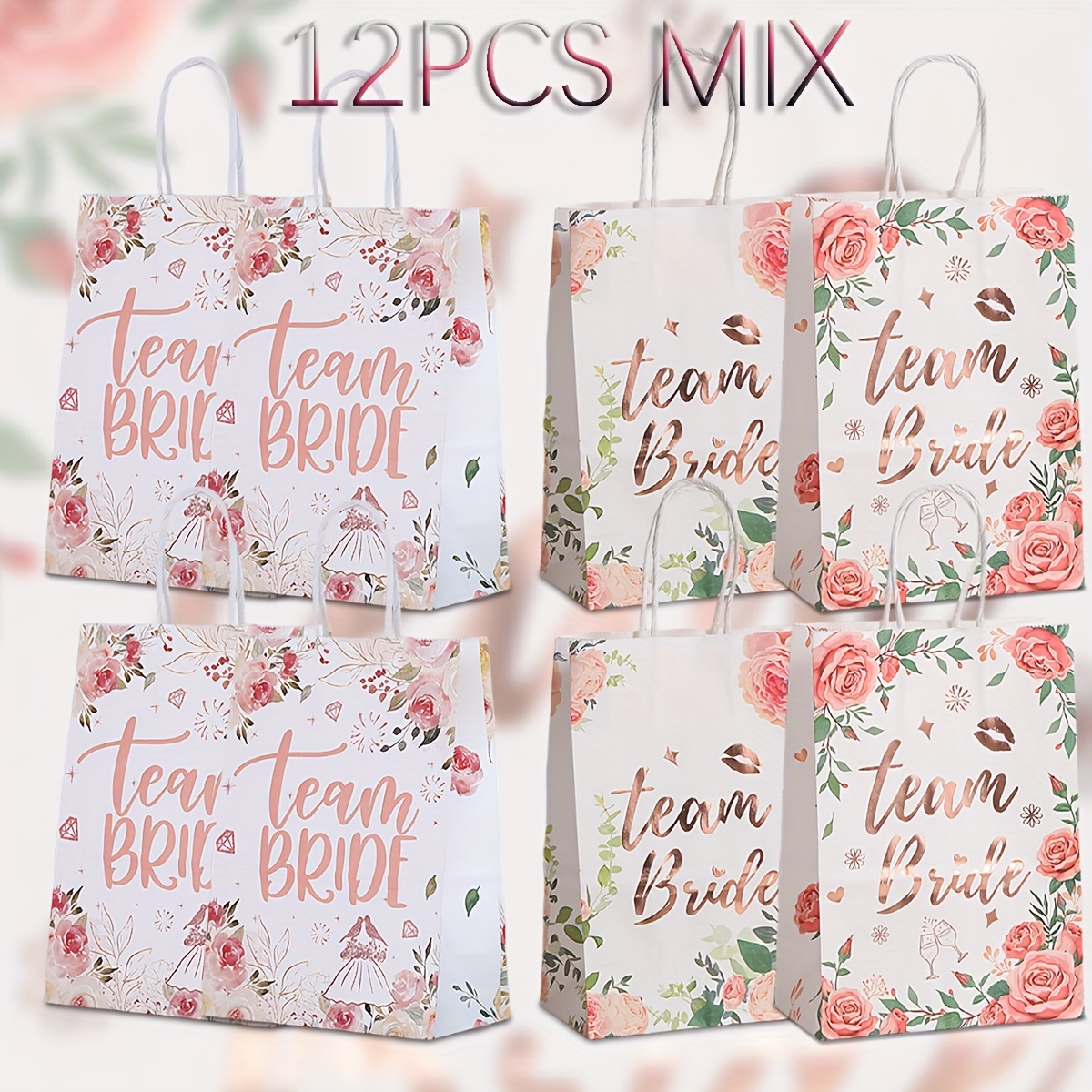 Image of 12pcs Gift Bags With Handles Shopping Bags, Handled Bag, Suitable For Bachelorette Party Decorations, Small Rose Golden Floral Bridesmaid Bags, Ideal For Bridal Showers, Engagement, Wedding Gifts, .