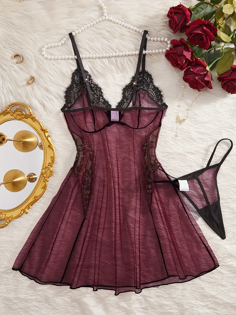 mesh dress underwear Women's Sexy Sheer Mesh Lace Lingerie Dress with matching Underwear, Deep V Neck Nightgown with Side Slit, Adjustable Straps Sleepwear, See Through Cami Nightgown Lingerie, Black Womenswear night gown for women -