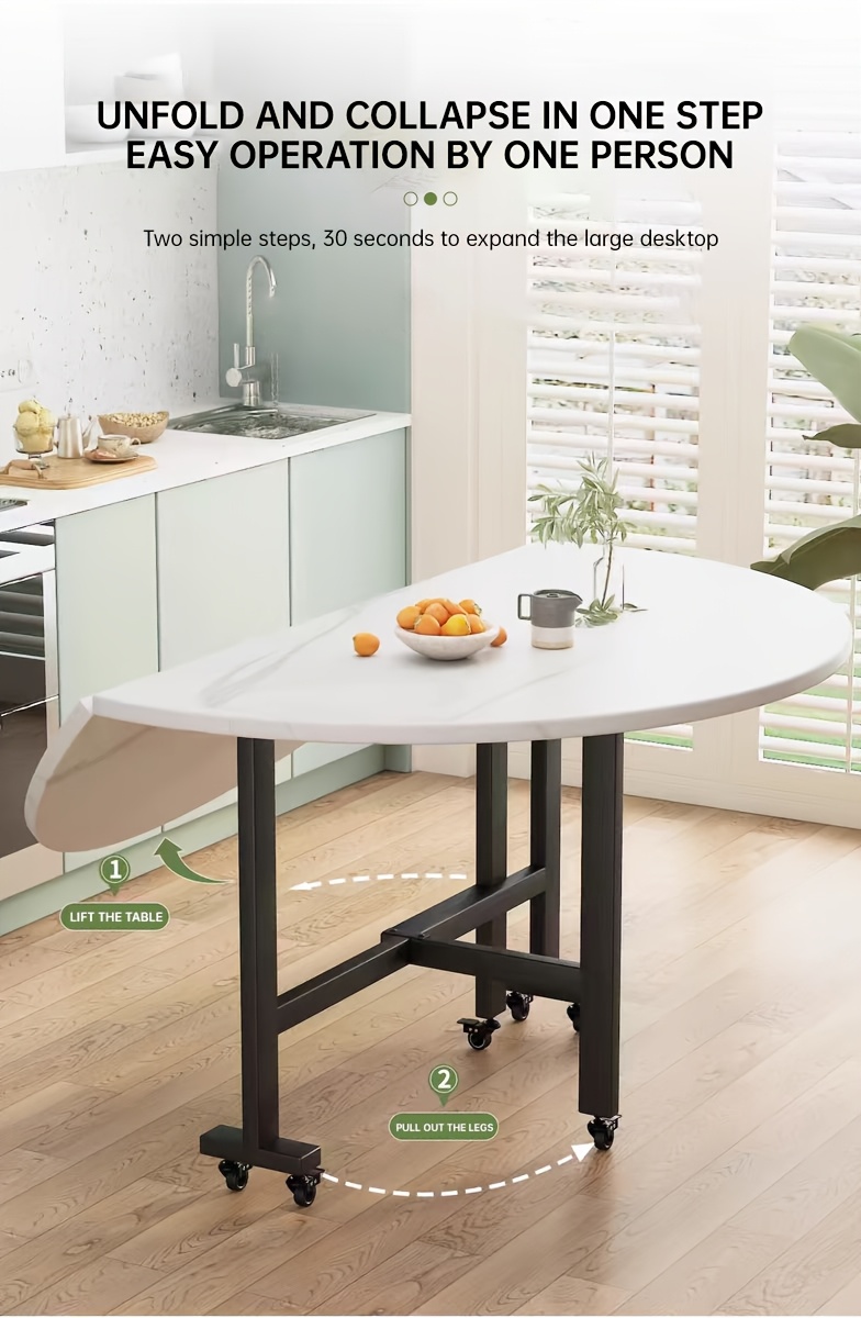 现代可折叠圆形餐桌，带 6 个轮子，可伸缩蝴蝶厨房桌，碳钢支架，小空间多功能折叠设计，硬木和人造木结构 商品详情 2