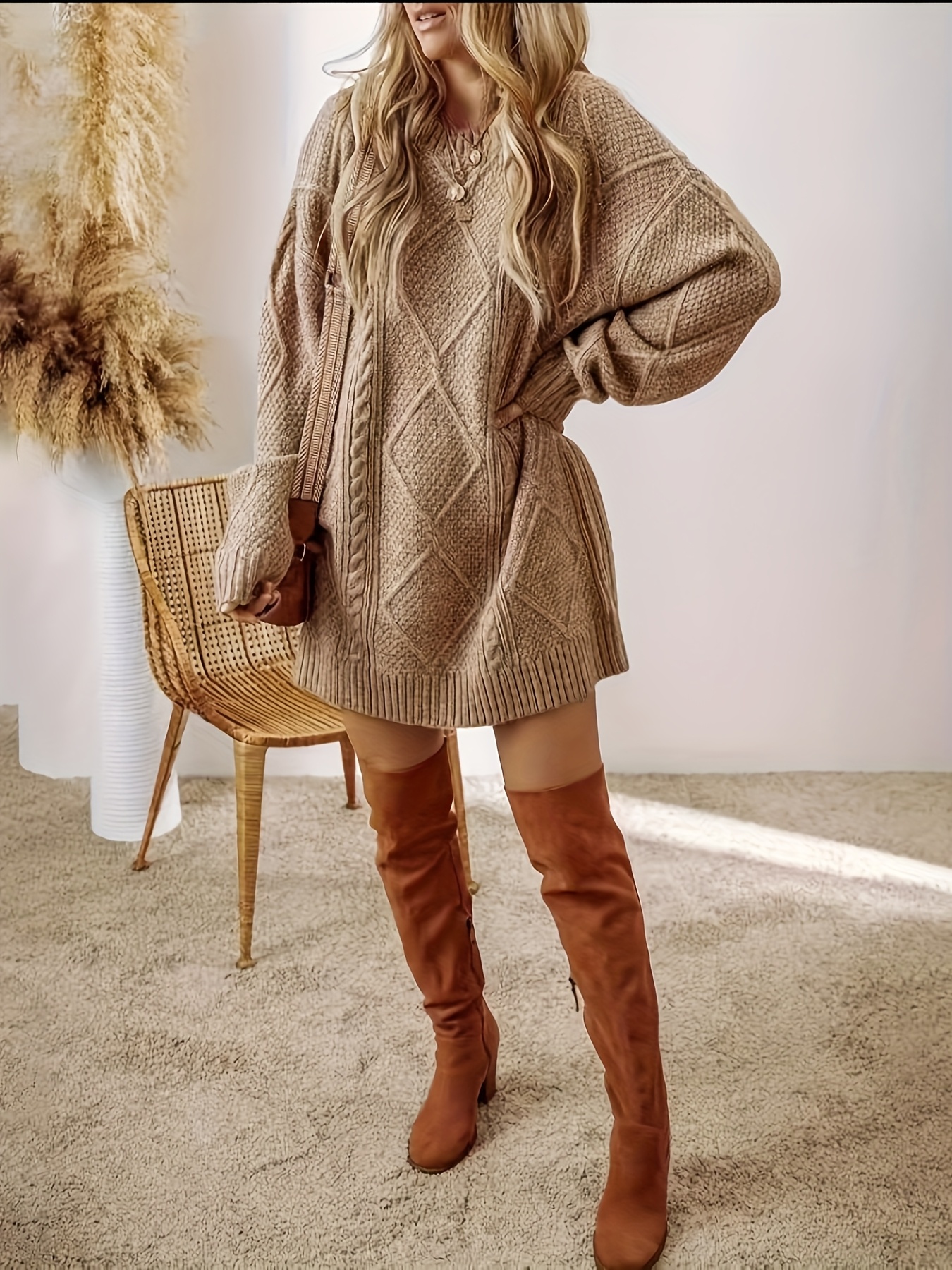 chinese dress ladies Aiwpstoin Women's Oversized Chunky Cable Knit Short Sweater Dress Long  Sleeve Crewneck Sweater Loose Knitted Dress (Khaki, S) at Amazon Women's  Clothing store main image 0