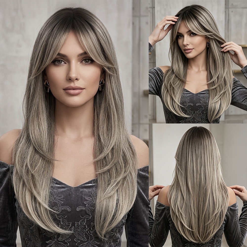 TEMU Ufine Women' & Unisex Ombre Dark Blonde Straight Wig With Curtain Bangs - Natural Layered Synthetic Hair Suitable For Daily Wear, Cosplay,