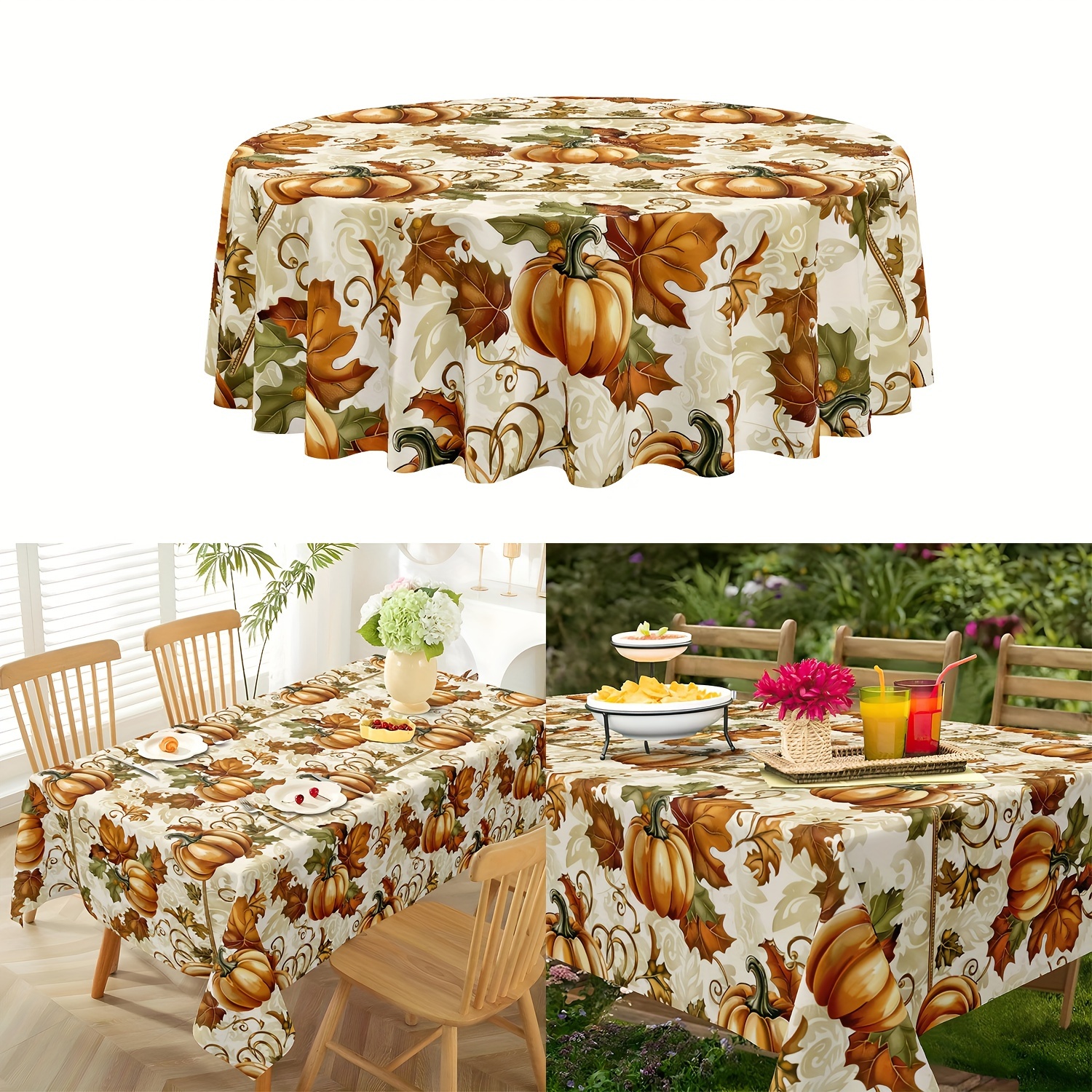 

1pc Tablecloth, Harvest Pumpkin Tablecloth, Round Autumn Luxury Texture Thanksgiving Table Cover, Polyester Waterproof Table Cloth, Ideal For Family Gatherings, Kitchen Supplies