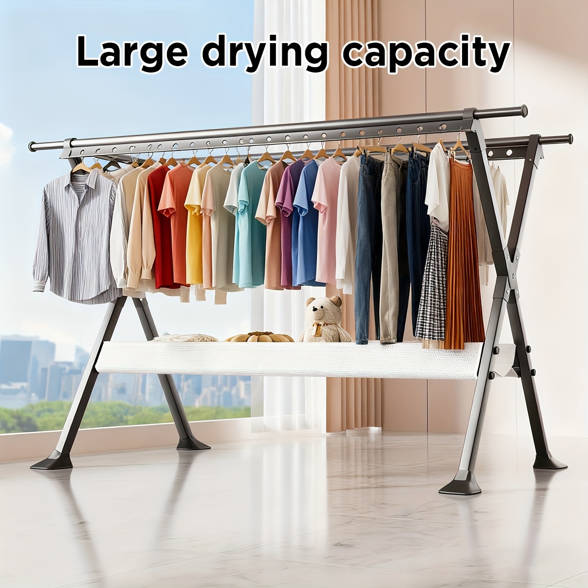 TEMU Heavy Duty 2-tier Clothes Drying Rack - Extra Long 93" With 20 Windproof Hooks Adjustable Height Ideal For Drying Large Quantities Of Towels &