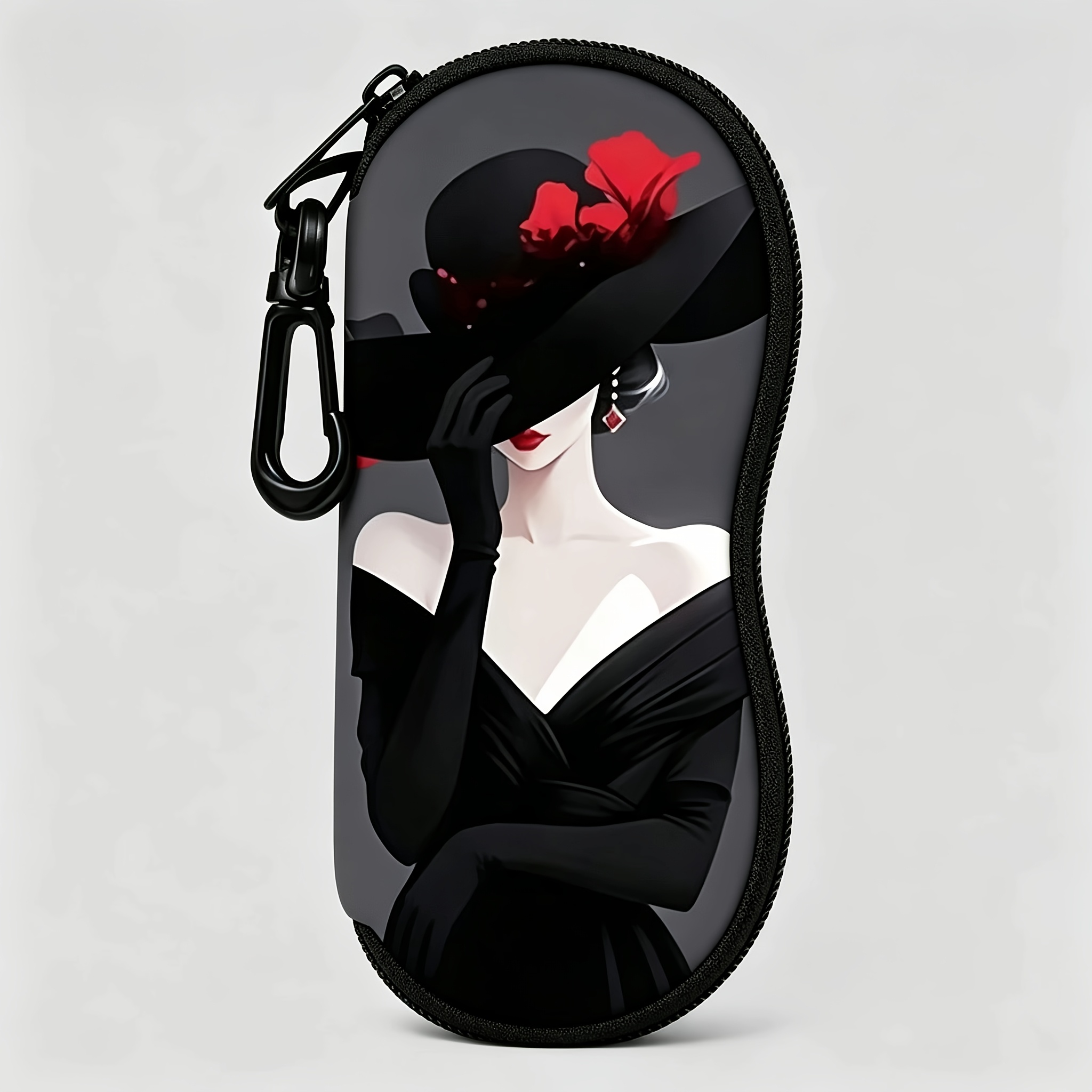 TEMU 1pc Black Top Hat With Red Neoprene Case, Portable With Hook, Scratch-resistant And Wear-resistant Eyewear Pouch, -functional Glasses Case,