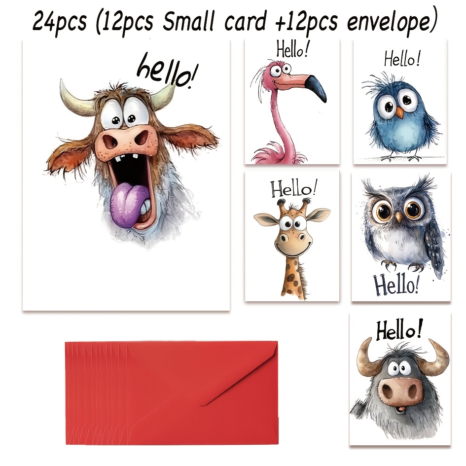 TEMU 12pcs/24pcs Fun Wild Animal Greeting Cards And Envelopes - Suitable For Various Occasions Such As Thanksgiving, Christmas, New Year,
