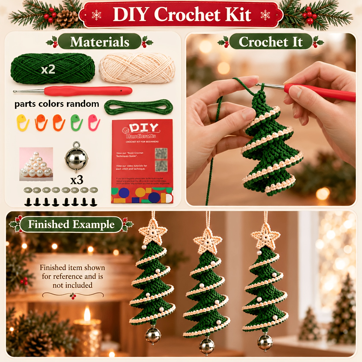 TEMU Wovwov-1set - 3 Crocheted Christmas Tree Decorations (not A Finished Product) - Diy Crochet Materials Kit, Essential Gift For Teacher's