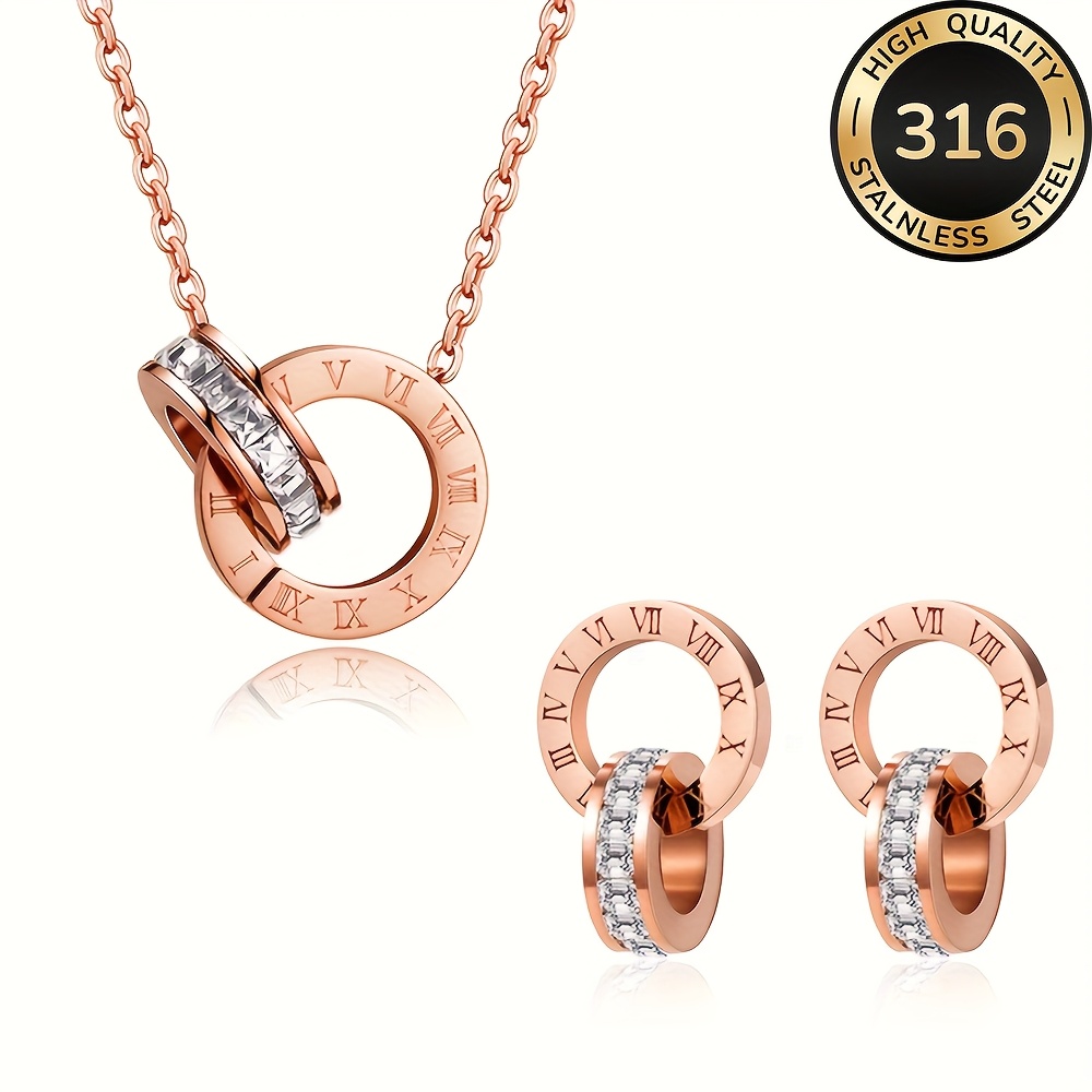 TEMU 3pcs High-quality Stainless Steel Golden Roman Necklace And Earring Set, Fade-resistant, Easy And Elegant, Suitable For Daily Wear Or Party,