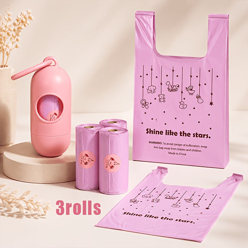 TEMU Lot de 48 sacs poubelle roses robustes en 3 rouleaux (2 épaisseurs, grande taille, sacs à déjections animales -fuites, parfumés, avec poignées,
