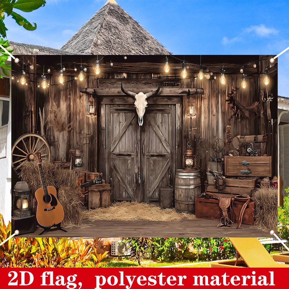 TEMU 2d Flag Banner, 1pc Western Cowboy Backdrop, Vintage Wooden Barn Photography Background; Wild West Theme Party Decoration; Cake Table Banner