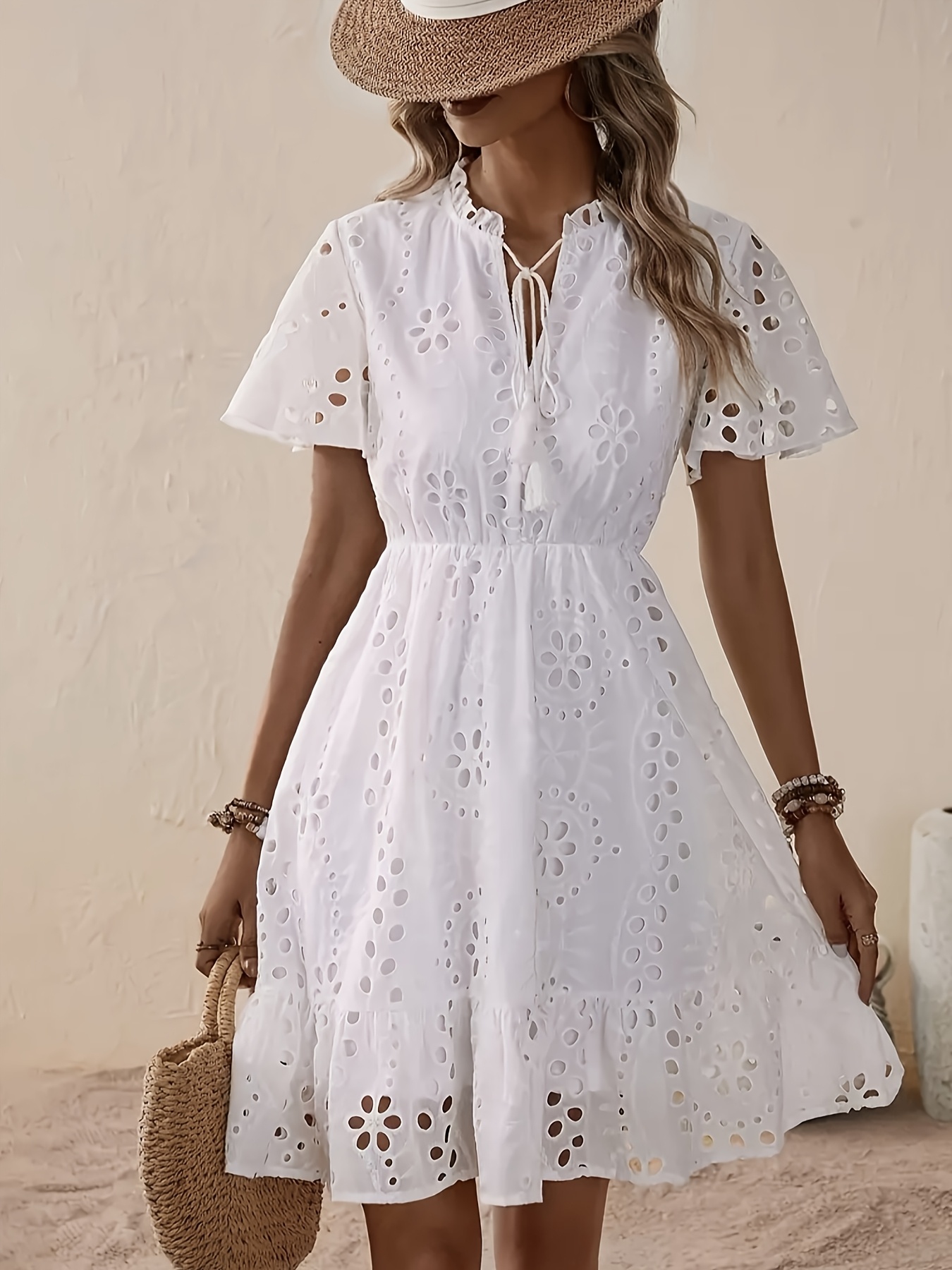 womens elegant white v neck lace embroidered summer dress