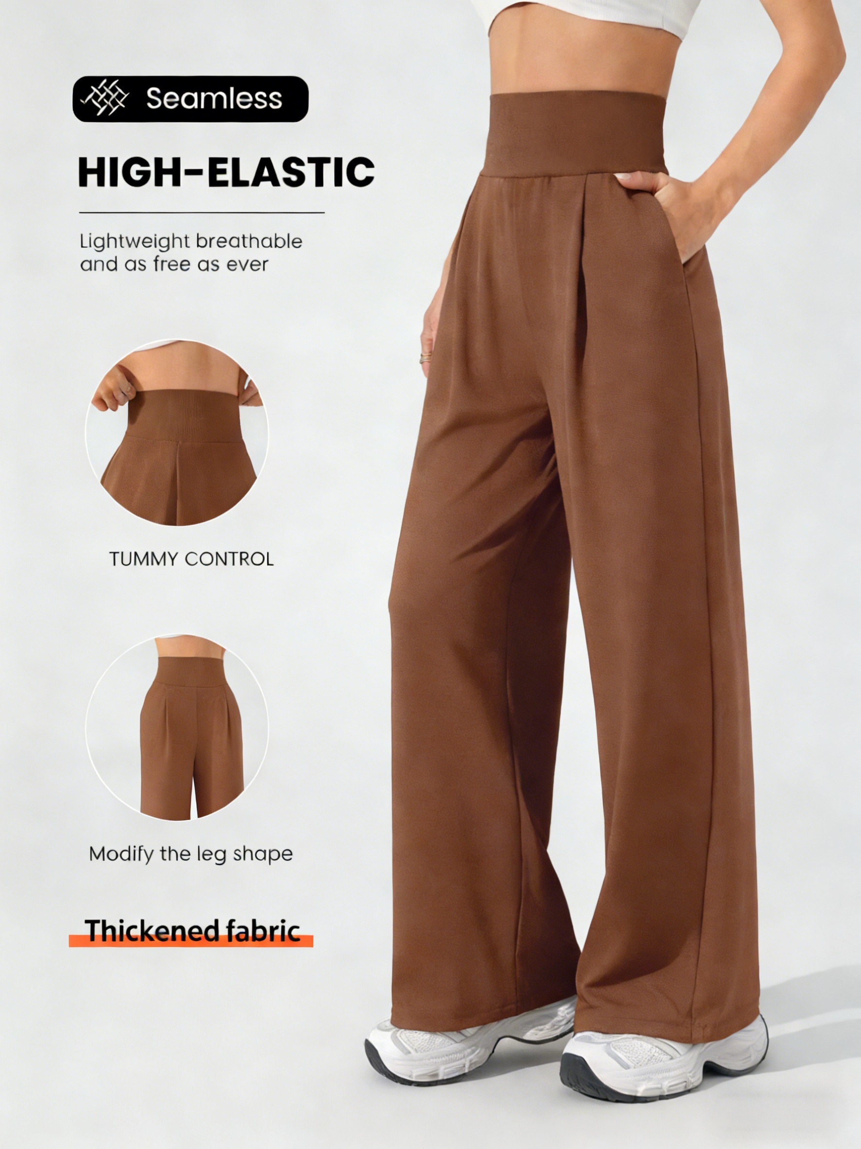 womens solid high waist pleated pocket wide leg pants elastic high waist tummy control   wear