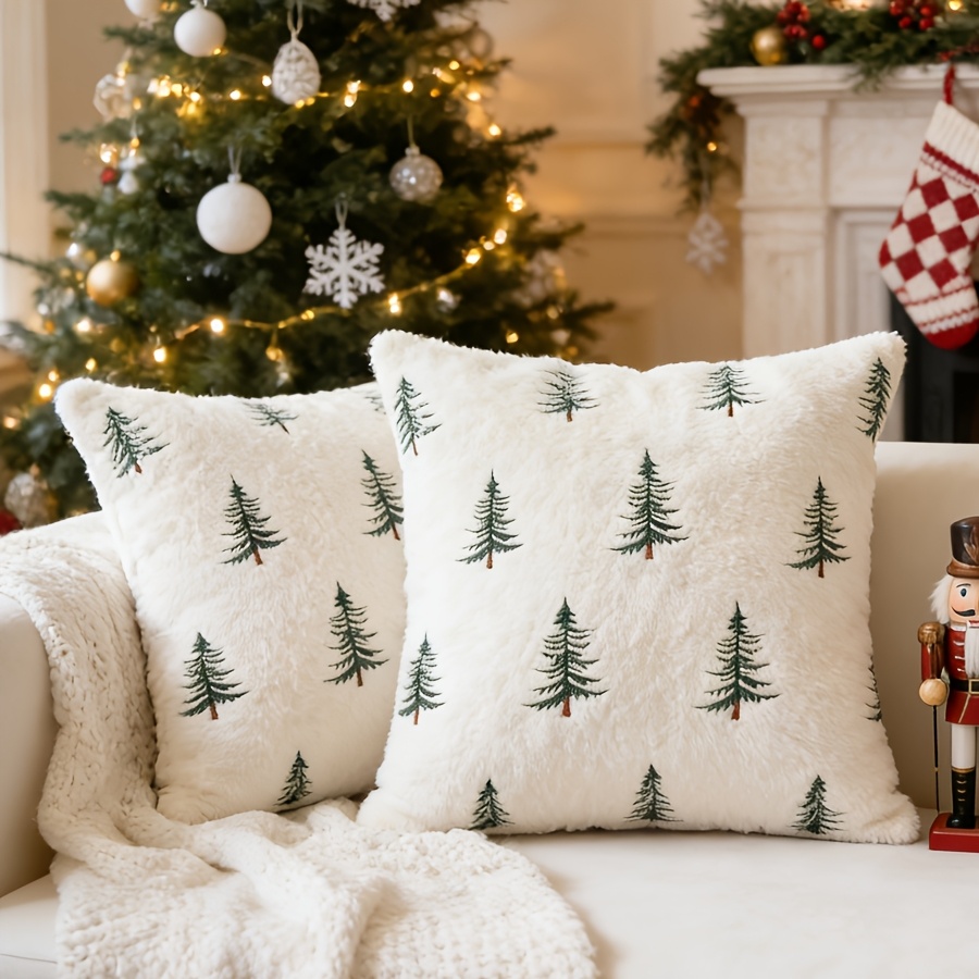 TEMU 2pcs Housses de coussin 3D brodées Arbre de Noël en fausse fourrure de lapin, 18X18 pouces, style français minimaliste de luxe, scandinave