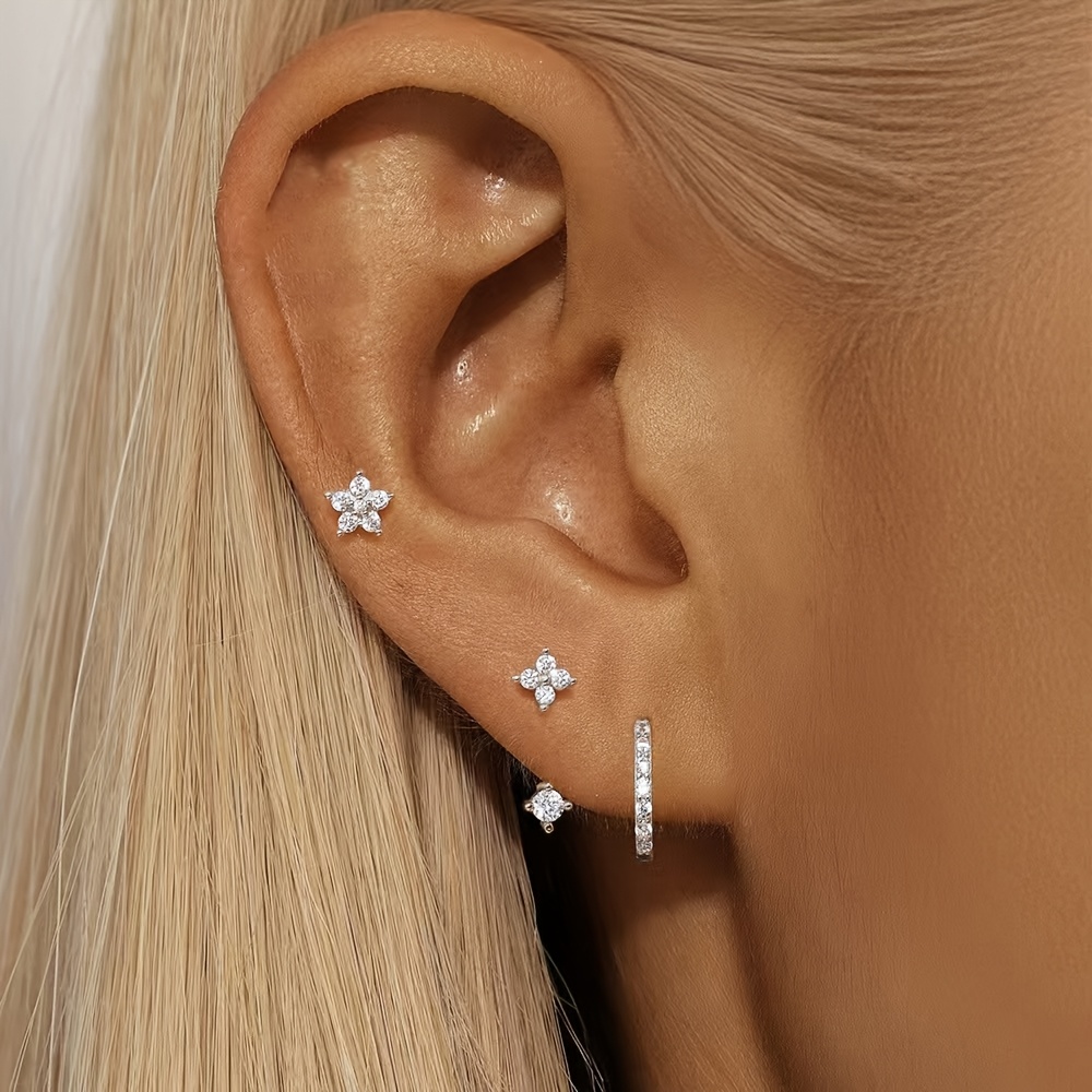 TEMU 3pcs Women's Copper Inlaid Synthetic Zirconia Stud Earrings Set Light Luxury Personalized Fashion Women's Jewelry Suitable As A Gift For Sisters
