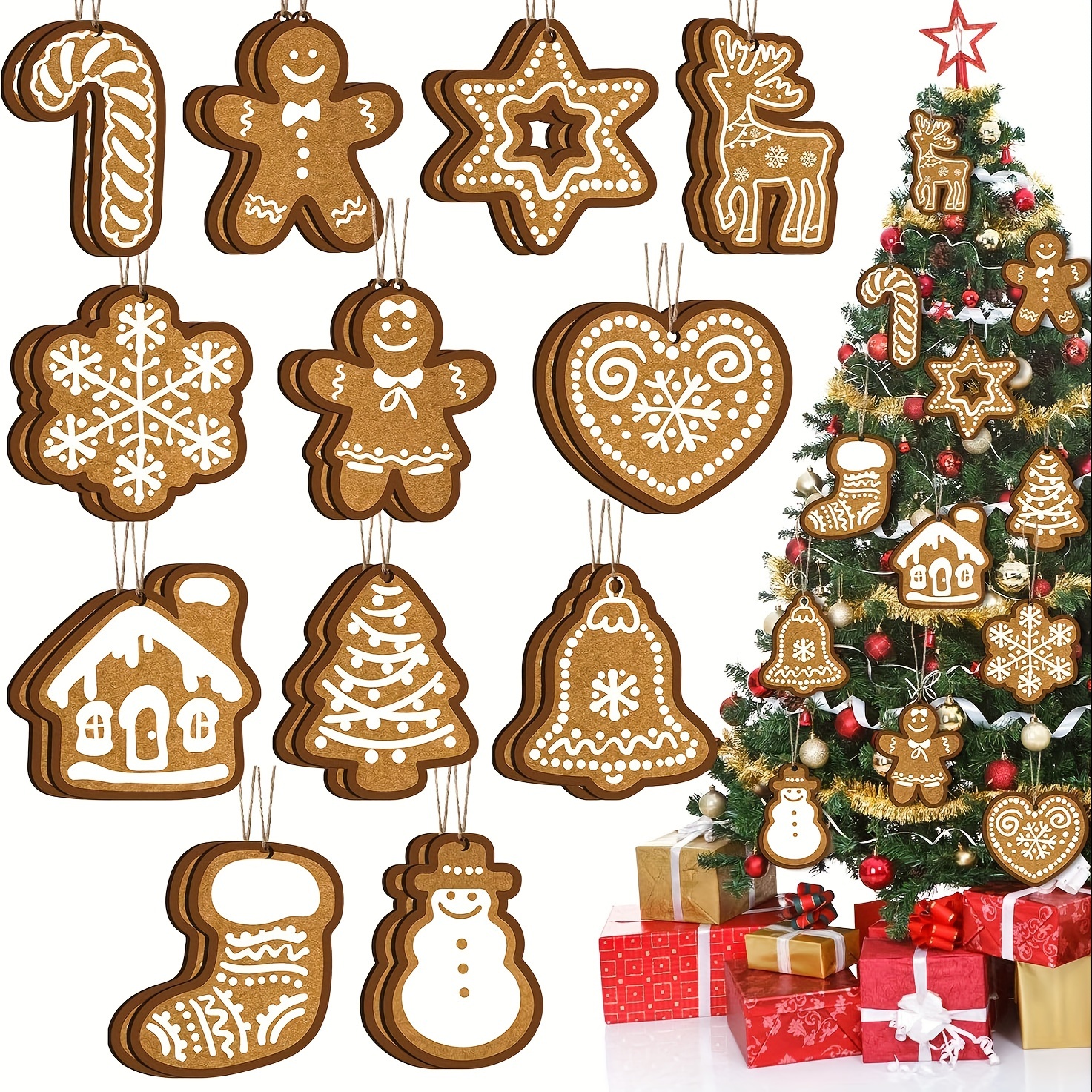 

12pcs Christmas & New Year's Charm Set - Wooden Gingerbread For Man, Tree & Ornaments For Home Decor, Christmas Tree, Ornaments