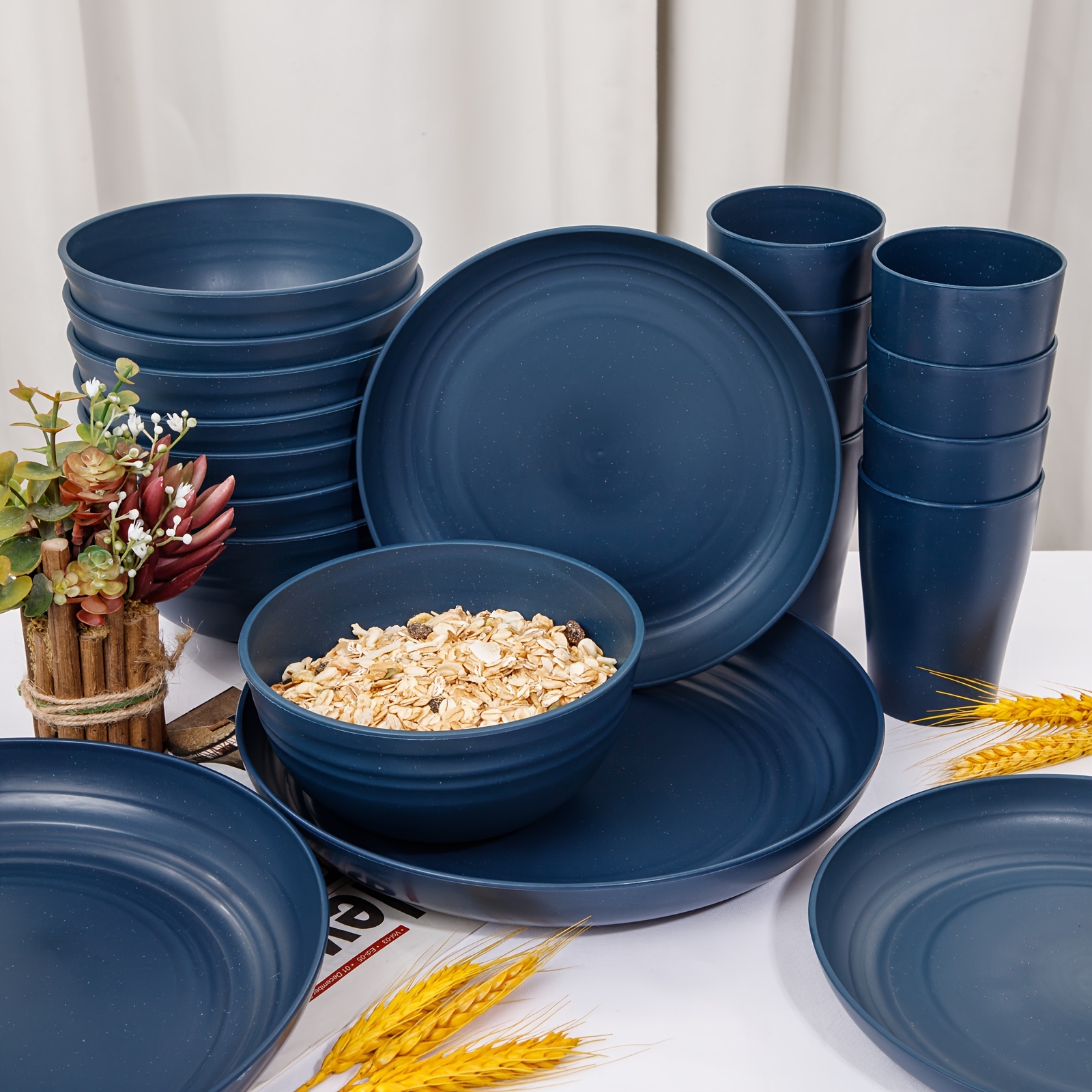 

32pcs Dinnerware Sets, Dinnerware Sets For 8, Plates And Bowls Sets, Reusable Dinnerware Set, Microwave Dishwasher Safe, Blue Plastic Dinnerware Sets 16pcs Plates, 8pcs Bowls, 8pcs Cups