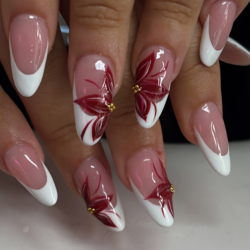 TEMU 24 stuks Medium Lengte Puntige Press-On Nagels, Nude Roze Basis met Melkwitte Franse Tips, Versierd met Bourgondische Reliëf Bloemen en Gouden