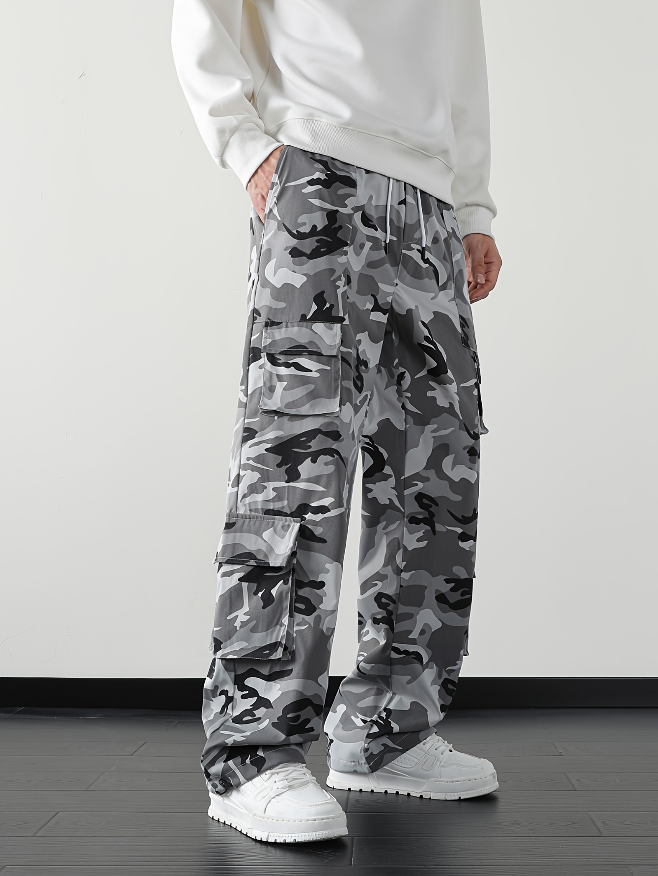 Men's Camouflage Print Multi-Pocket Cargo Pants, Elastic Waistband with Adjustable Legs, Fashion Wide-Leg Trousers