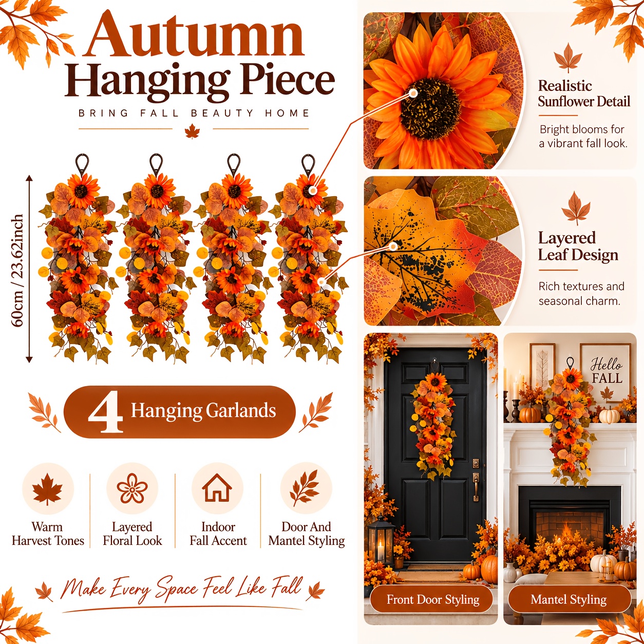 TEMU Set da 4 pezzi autunnale artificiale da appendere a , , foglia d'acero, ramo di con fogliame autunnale con combinazione di vegetazione e ,