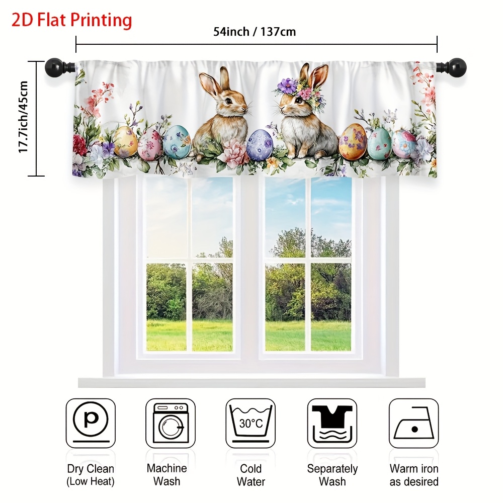TEMU 2d Flat, 1pc Easter Bunny Egg Floral Valance Curtain With Rod Pocket - Semi- Eggshell & Tulip Print Window Valance, Machine Washable For Easter