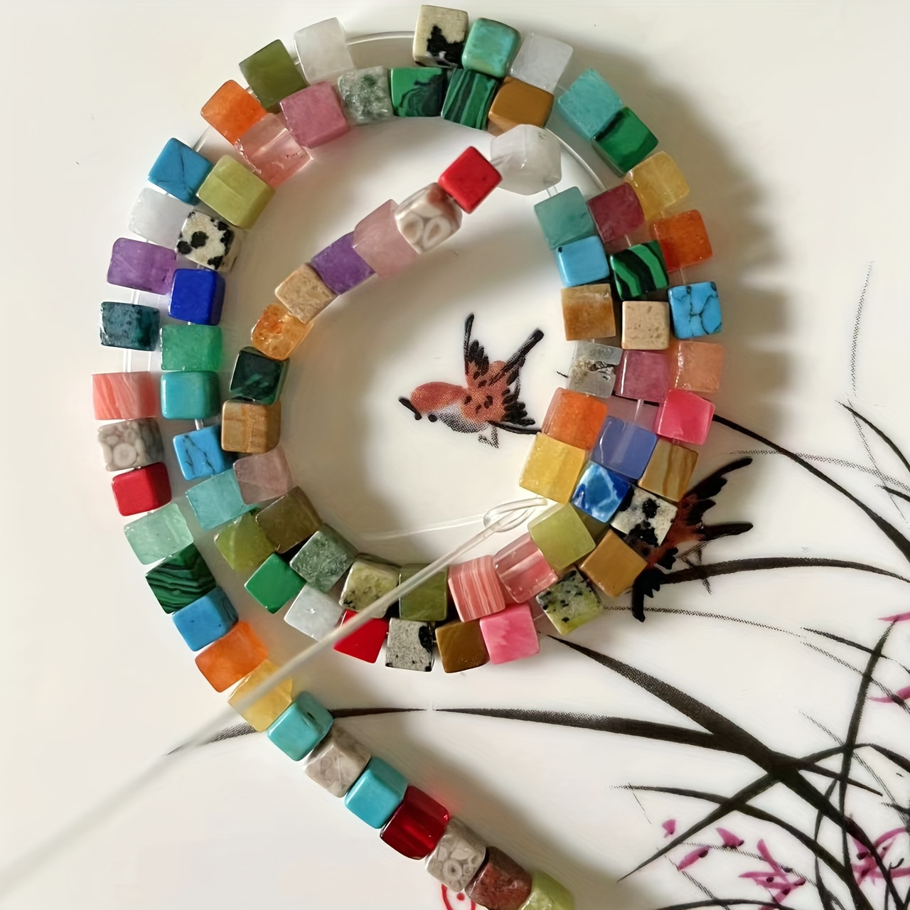 Image of Handmade Natural Stone & Square Bead Charm Bracelet Necklace Keychain Phone Chain - 18cm Multicolor For Women, Couples Gift Accessories, Jewelry Charms, Versatile Accessory, Artisanal