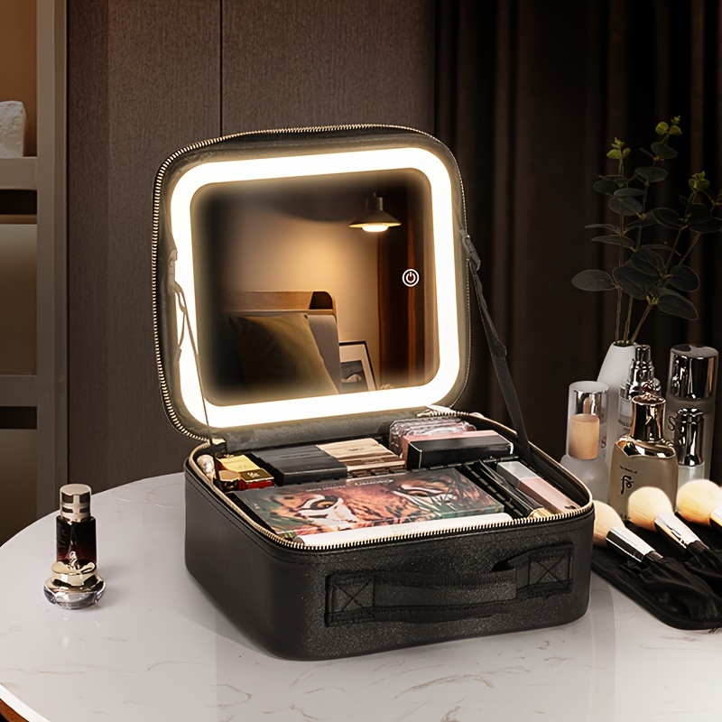 

Travel Makeup Bag With Detachable Mirror, 3 Color Led Adjustable Brightness, Waterproof Cosmetic Bag Train Case Makeup Organizer Bag With Adjustable Dividers, Makeup Brushes Storage Gift
