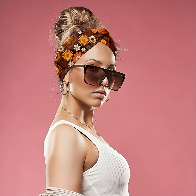 TEMU 2D Platte Retro Oranje-Bruine Bloemenpatroon Haarband, Geschikt voor Yoga, Gym, Hardlopen, Fietsen, Reizen, Uitjes, Strand, Brede Rand, Stijlvol