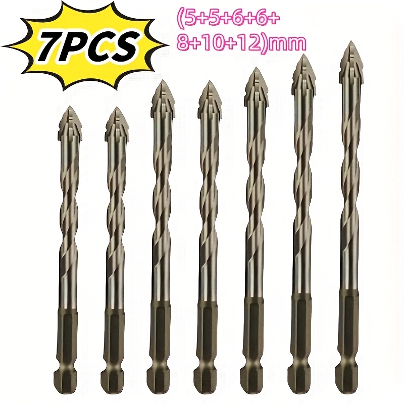 7pcs Set, 4-flute Carbide Drills For Ceramic, Cast And Concrete - Hex Shank Dry Drilling Tools
