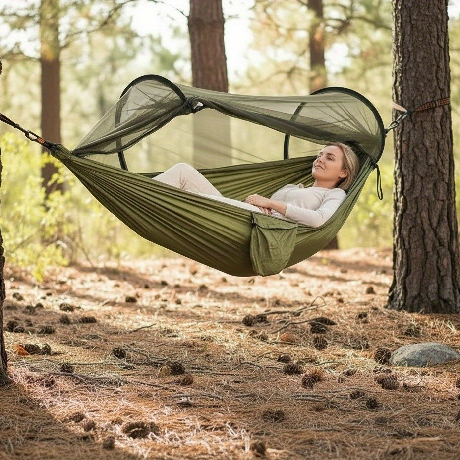 Hamacas para exteriores para el jardín, hamacas para acampar, hamacas individuales y dobles portátiles, hamacas de paracaídas de nailon ligero con correas para colgar, adecuadas para uso en exteriores, jardines, hamacas a prueba de mosquitos - Imagen 5