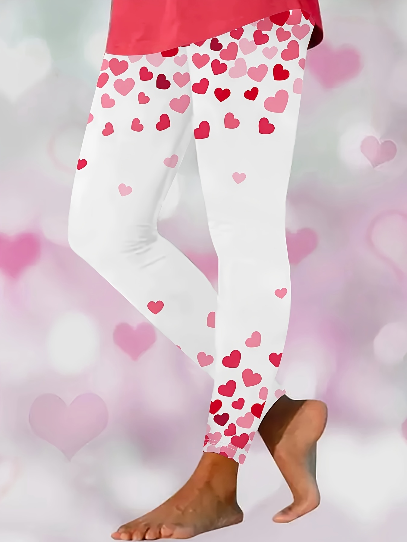 Heart Print Skinny Leggings Casual Elastic Waist Stretchy - Temu