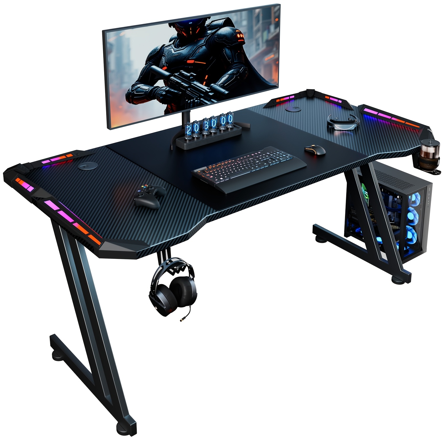 Image of Z-shaped Leg Led Office Computer Desk, Large Carbon Fibre Gaming Desk, Sturdy Home Office Workstation, Computer Desk With Mouse Pad, Cup Holder And Headphone Rack, Black