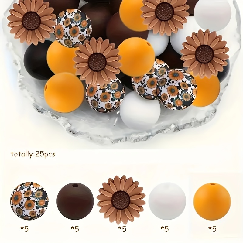 TEMU 25pcs Mixed Color Silicone Beads Set: Sunflower, Round, And Printed Rubber Beads With Keychain, Rope And Bead Pen Diy - Making Necklaces And Bracelets