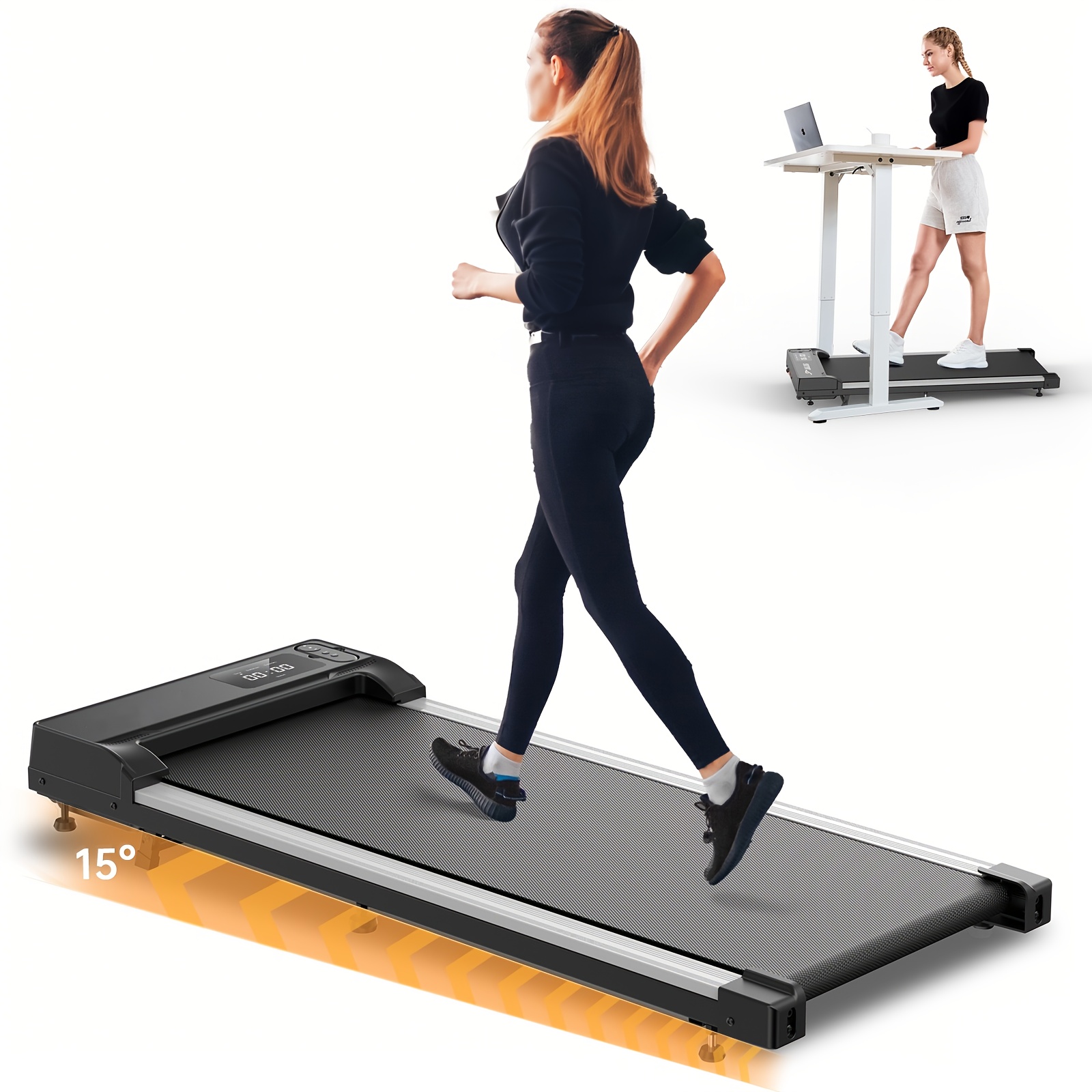 15° Incline Portable Walking Pad Treadmill, In Under Desk Treadmills  For Home Office, 265LB Capacity, For Walking Jogging Running,